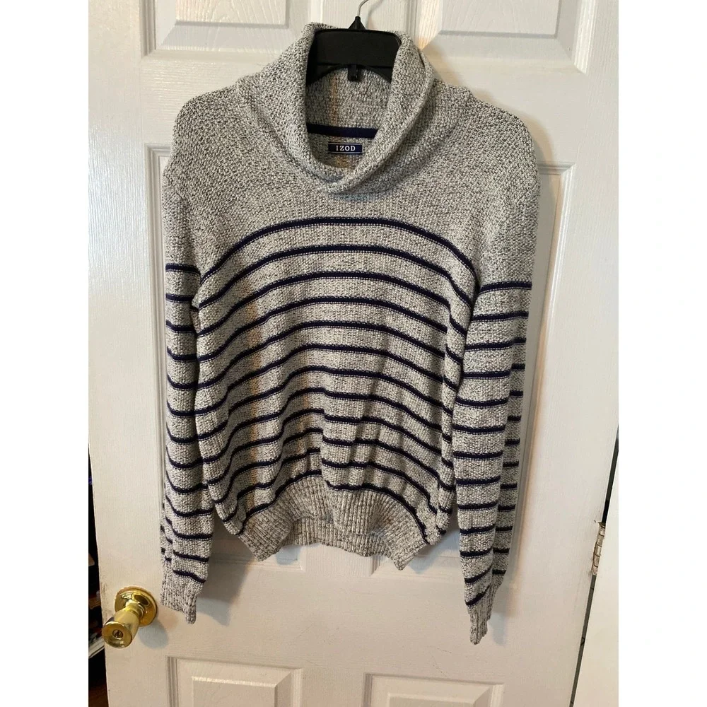 IZOD Mens Cowl Neck Sweater Gray Blue Striped Marled Knit Pullover Medium